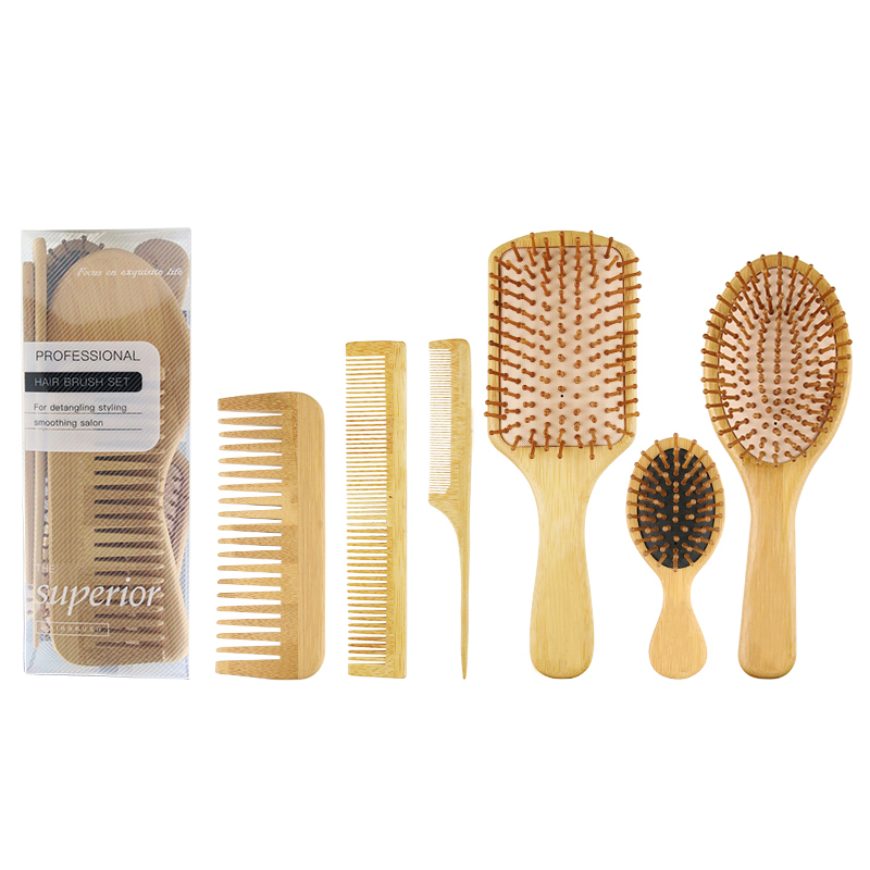 6 pcs bamboo hair brush and comb set 